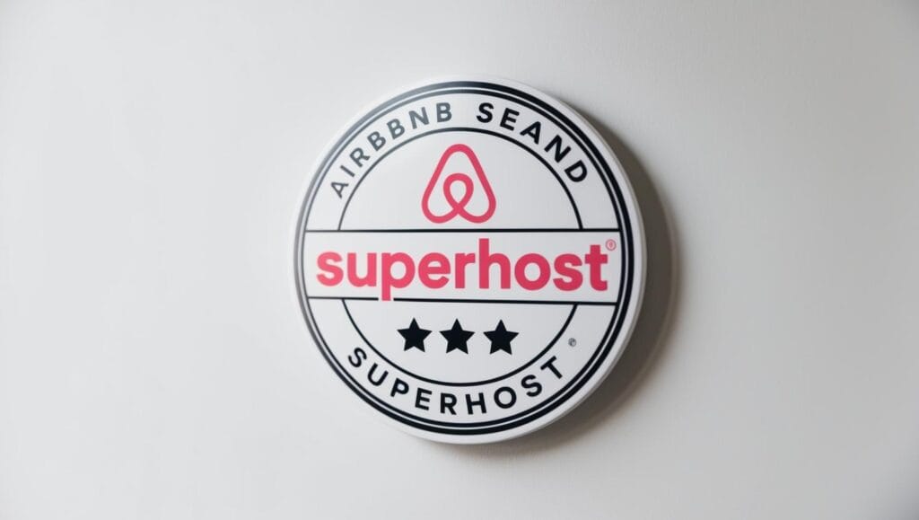 Imagem representativa do selo "Super Host" da Airbnb. O Preço Inteligente do Airbnb e a precificação manual são duas abordagens distintas para gerenciar as tarifas de aluguel de curto prazo.