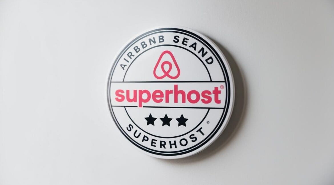 Imagem representativa do selo "Super Host" da Airbnb. O Preço Inteligente do Airbnb e a precificação manual são duas abordagens distintas para gerenciar as tarifas de aluguel de curto prazo.